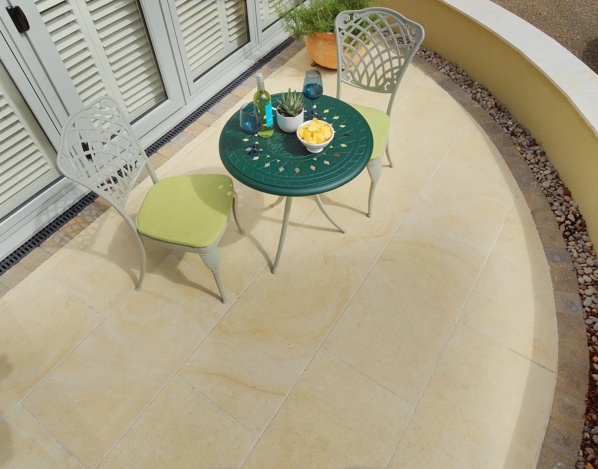 French Limestone patio and garden design Norfolk