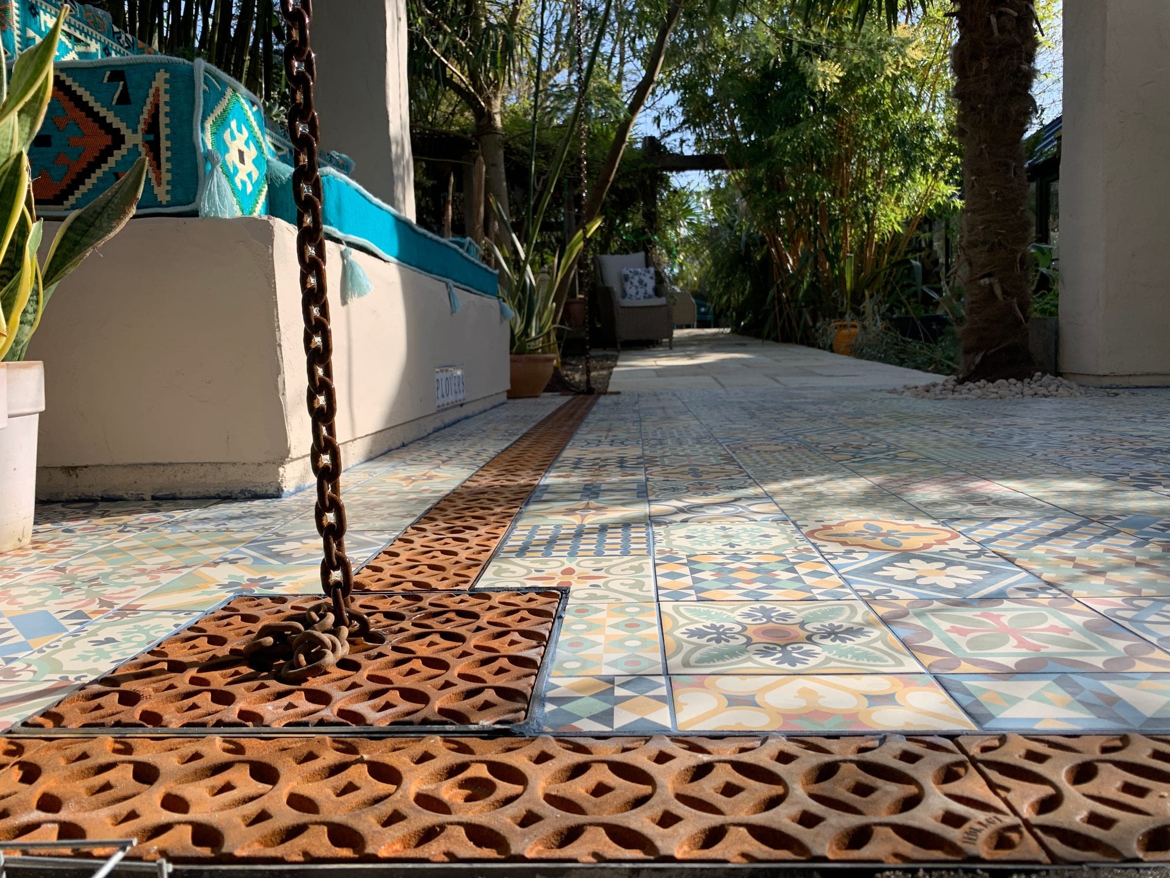Cast iron water feature and Moroccan garden