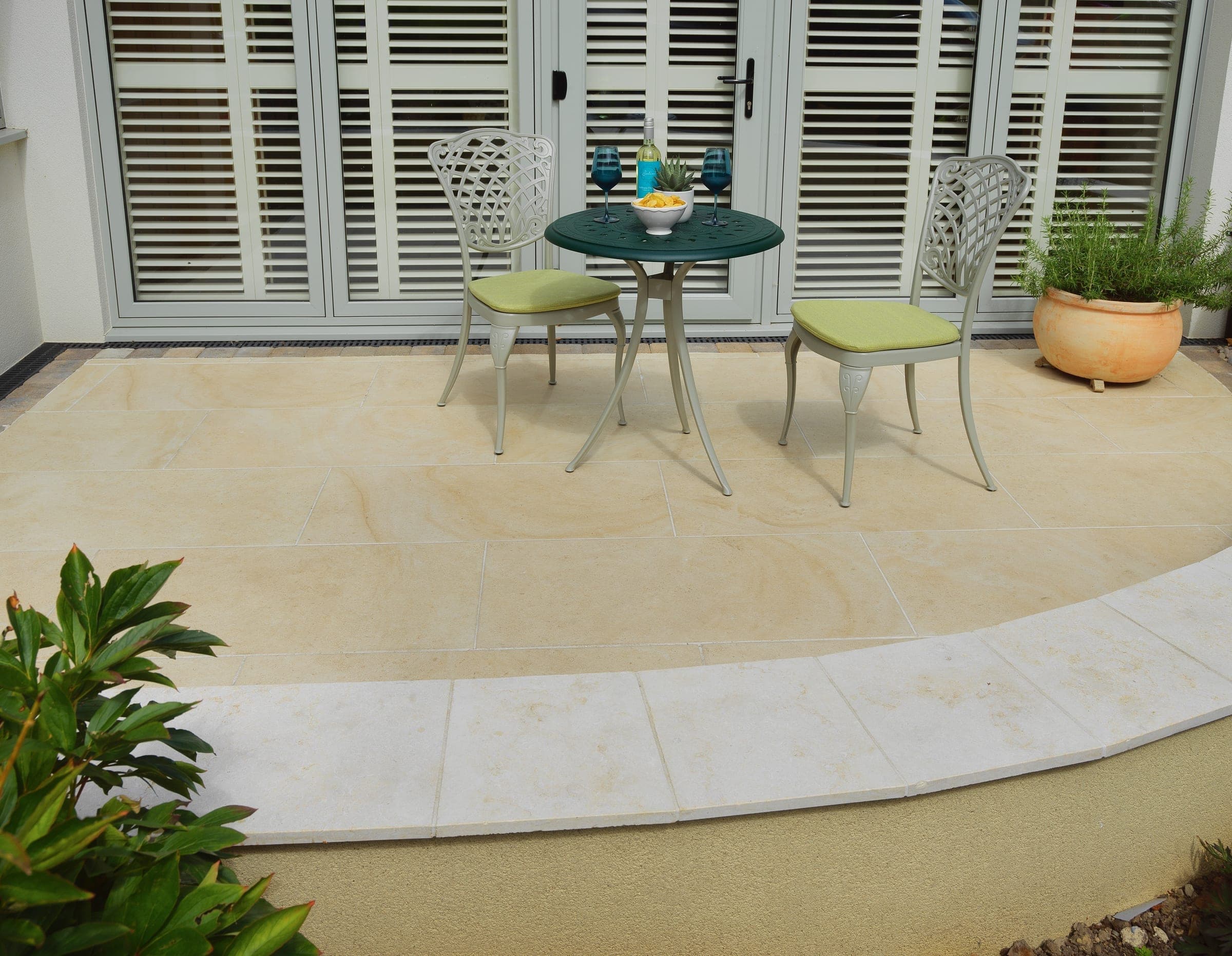 Award-winning Pavestone patio, Burgh Castle — Dolomite French Limestone landscaping in Norfolk by Tropical Landscaping